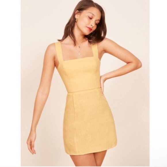 REFORMATION Brigitte Linen Dress‎ Smock Butter Yellow Mini Size 10 - Picture 2 of 9